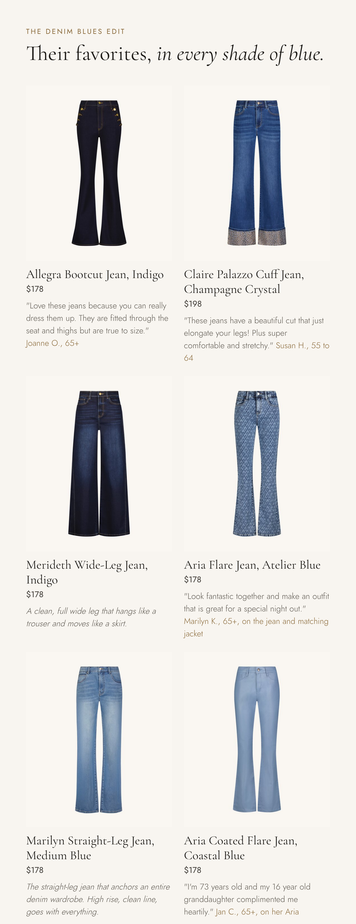 Shop their favorites: Allegra Bootcut, Claire Palazzo Cuff, Merideth Wide-Leg, Aria Flare in Atelier Blue, Marilyn Straight-Leg and Aria Coated Flare in Coastal Blue.