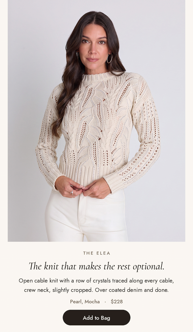 Elea Crystal Sweater in Pearl: open cable knit with crystal detail, worn with ivory jeans