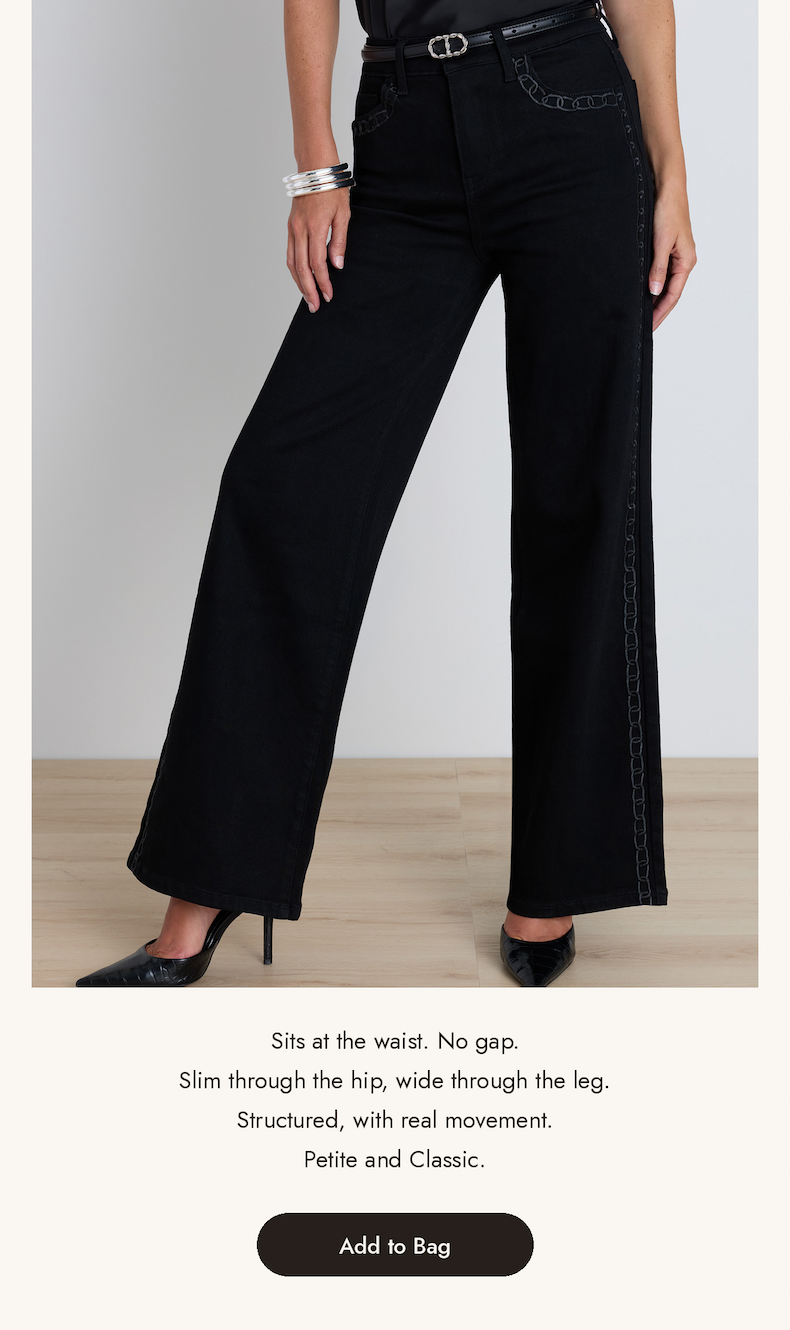 Celeste Black Chain front view with fit notes: sits at the waist, slim through the hip, wide through the leg, Petite and Classic