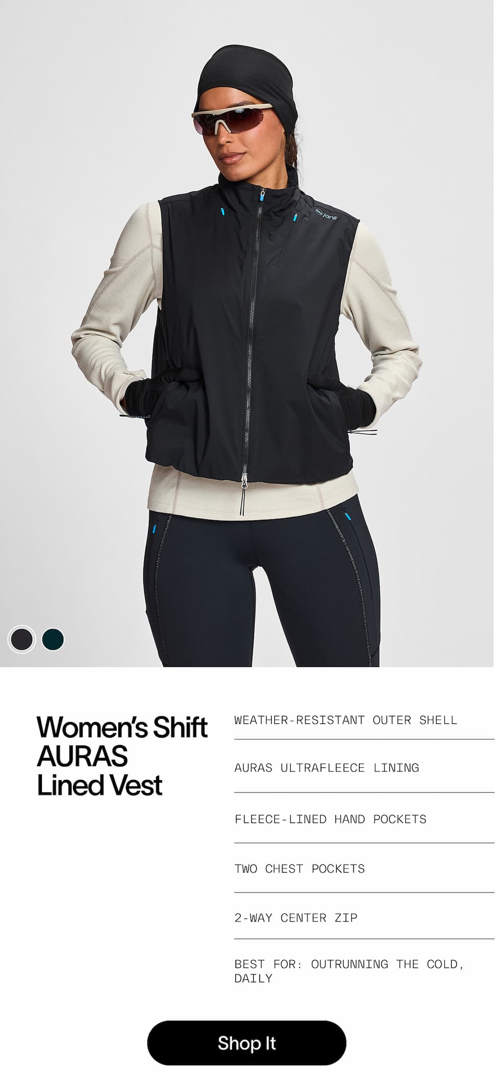 W’s Shift AURAS Lined Vest -Weather-resistant outer shell -AURAS Ultrafleece lining -Fleece-lined hand pockets -Two chest pockets -2-way center Zip Best for: Outrunning the cold, daily