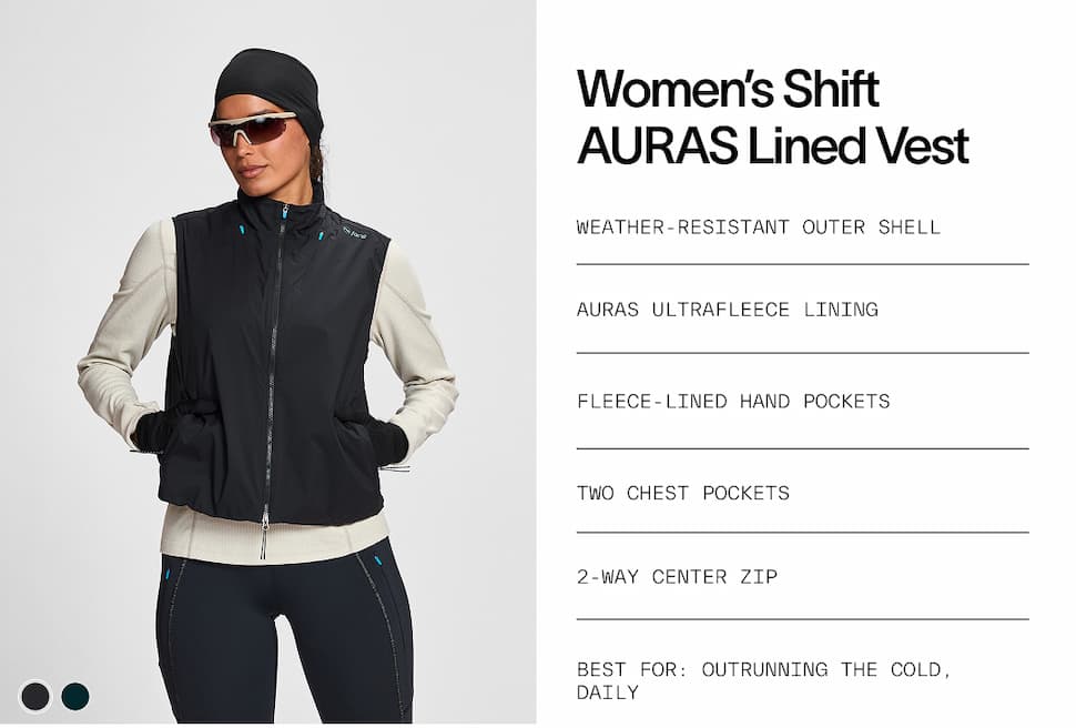 W’s Shift AURAS Lined Vest -Weather-resistant outer shell -AURAS Ultrafleece lining -Fleece-lined hand pockets -Two chest pockets -2-way center Zip  Best for: Outrunning the cold, daily
