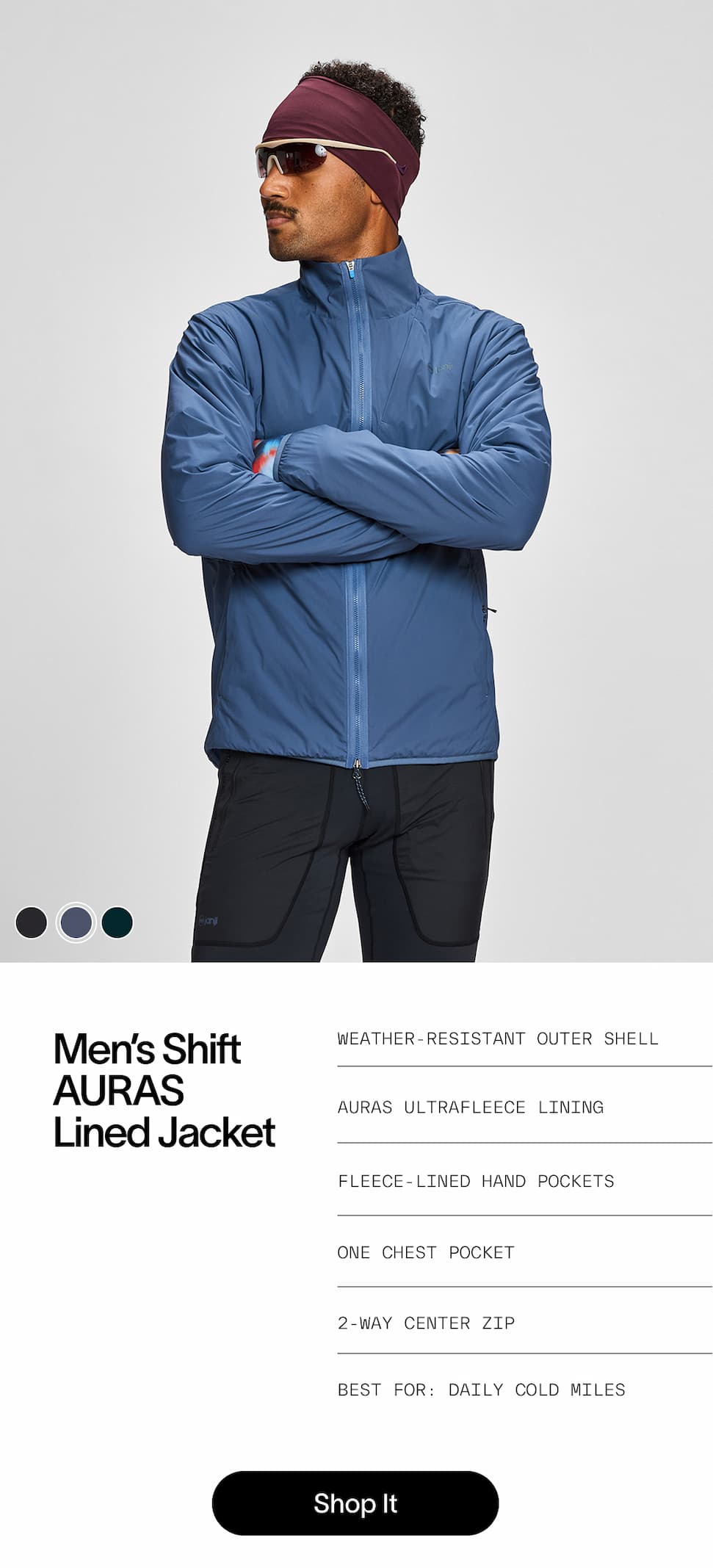 M’s Shift AURAS Lined Jacket -Weather-resistant outer shell -AURAS Ultrafleece lining -Fleece-lined hand pockets -One chest pockets -2-way center Zip Best for: Daily cold miles