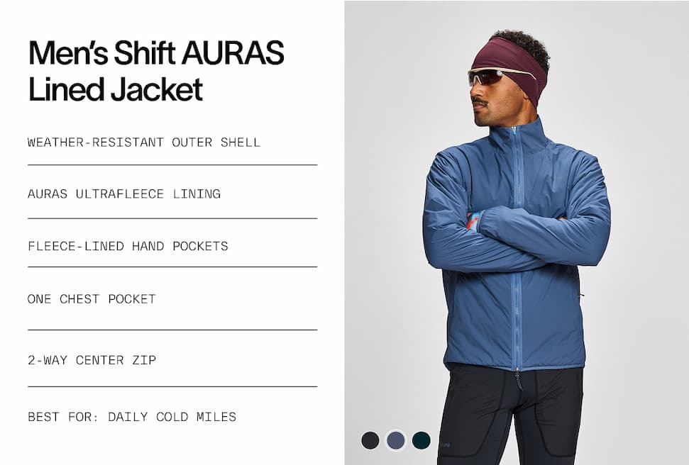 M’s Shift AURAS Lined Jacket -Weather-resistant outer shell -AURAS Ultrafleece lining -Fleece-lined hand pockets -One chest pockets -2-way center Zip  Best for: Daily cold miles