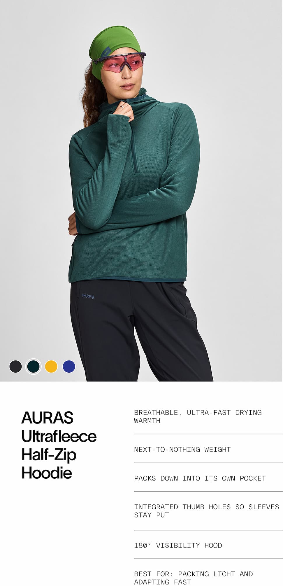 AURAS Ultrafleece Half-Zip Hoodie -Breathable, ultra-fast drying warmth -Next-to-nothing weight -Packs down into its own pocket -Integrated thumb holes so sleeves stay put -180º visibility hood Best for: Packing light and adapting fast