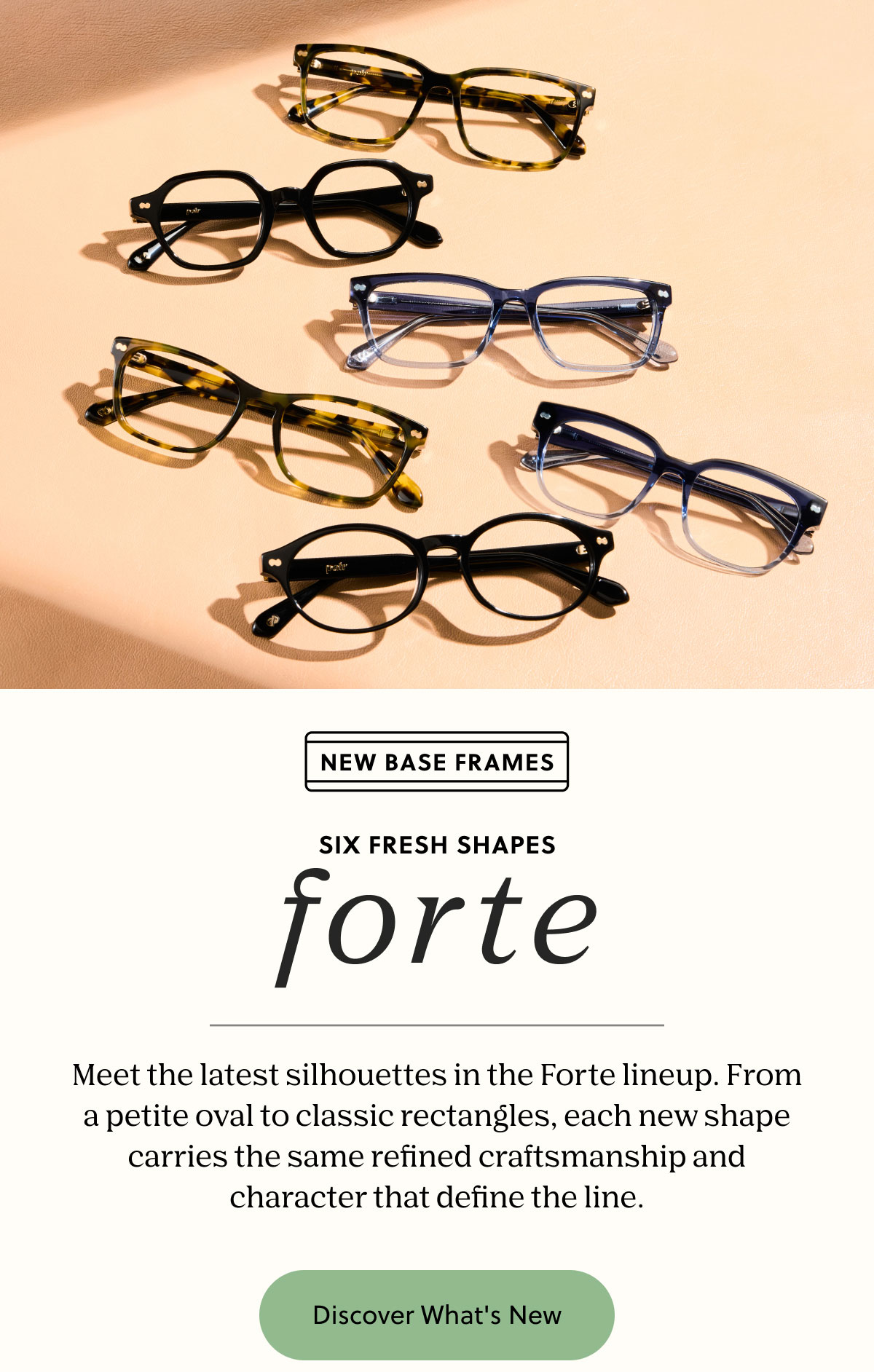 NEW BASE FRAMES - SIX FRESH SHAPES: FORTE | Meet the latest silhouettes in the Forte lineup. From a petite oval to classic rectangles, each new shape carries the same refined craftsmanship and character that define the line. | Discover What's New 