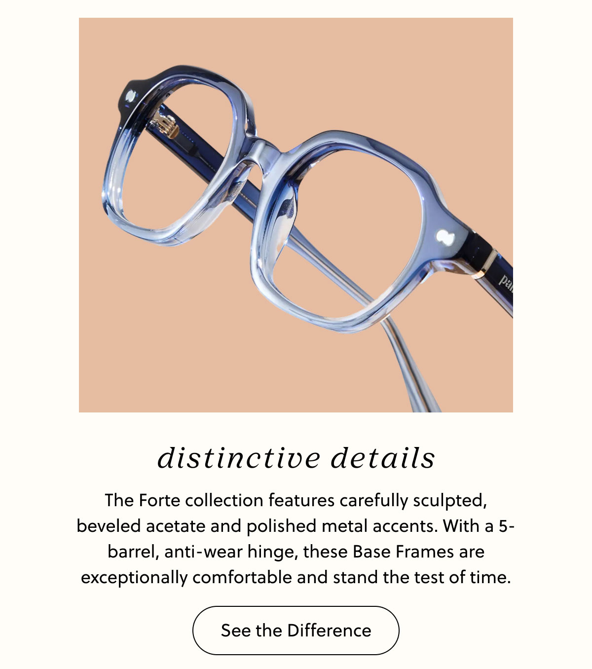 Distinctive Details - The Forte collection features carefully sculpted, beveled acetate and polished metal accents. With a 5-barrel, anti-wear hinge, these Base Frames are exceptionally comfortable and stand the test of time. | See the Difference 