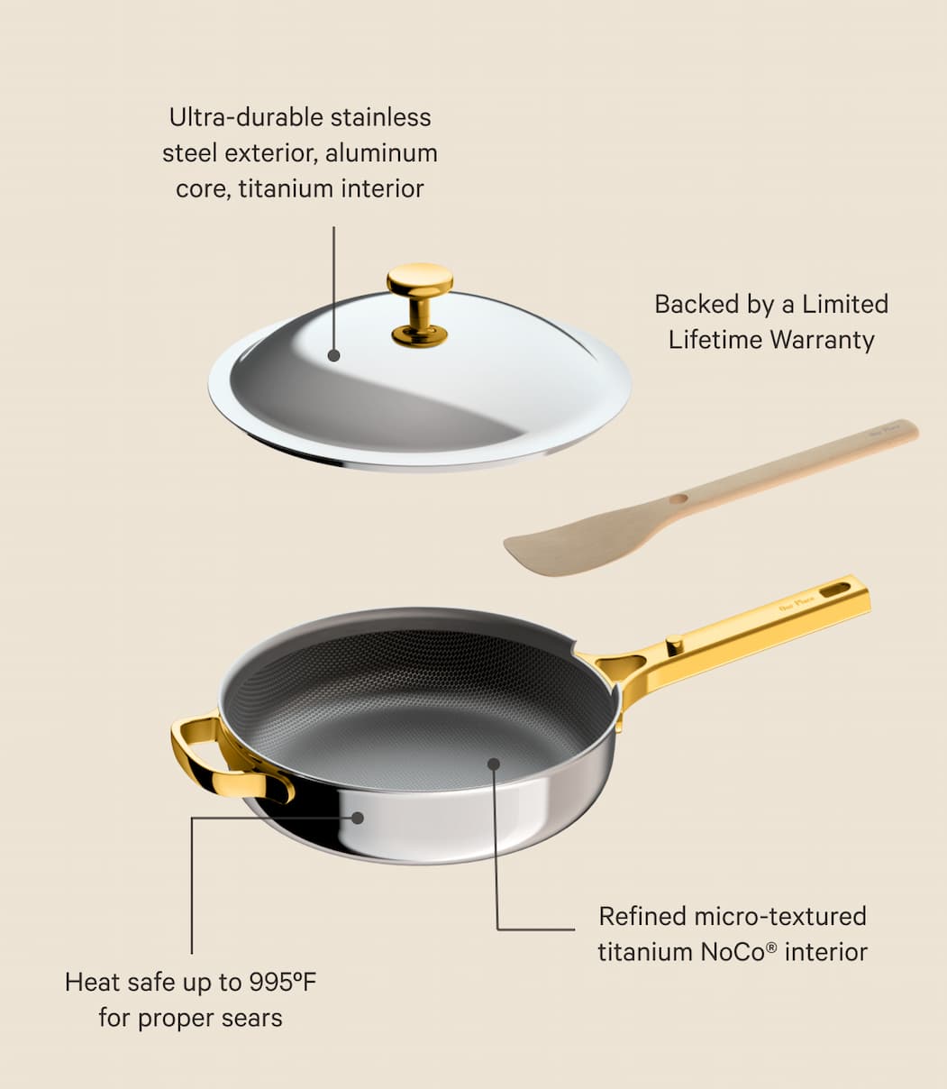 Ultra-durable stainless steel exterior, aluminium core, titanium interior  |  Backed by a Limited Lifetime Warranty  |  Heat safe up to 535ºC for proper sears  |  Refined micro-textured titanium NoCo® interior