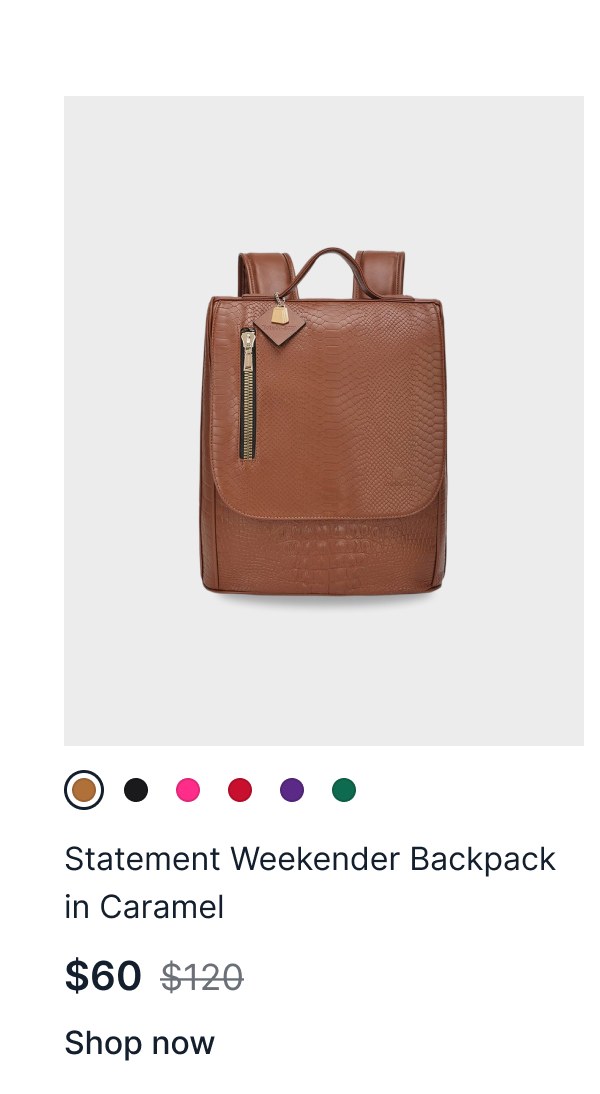 Statement Weekender Backpack in Caramel, $60 (was $120). Shop now.