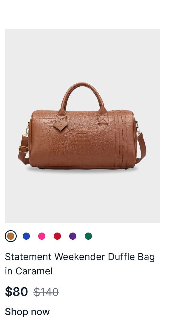 Statement Weekender Duffle Bag in Caramel, $80 (was $140). Shop now.