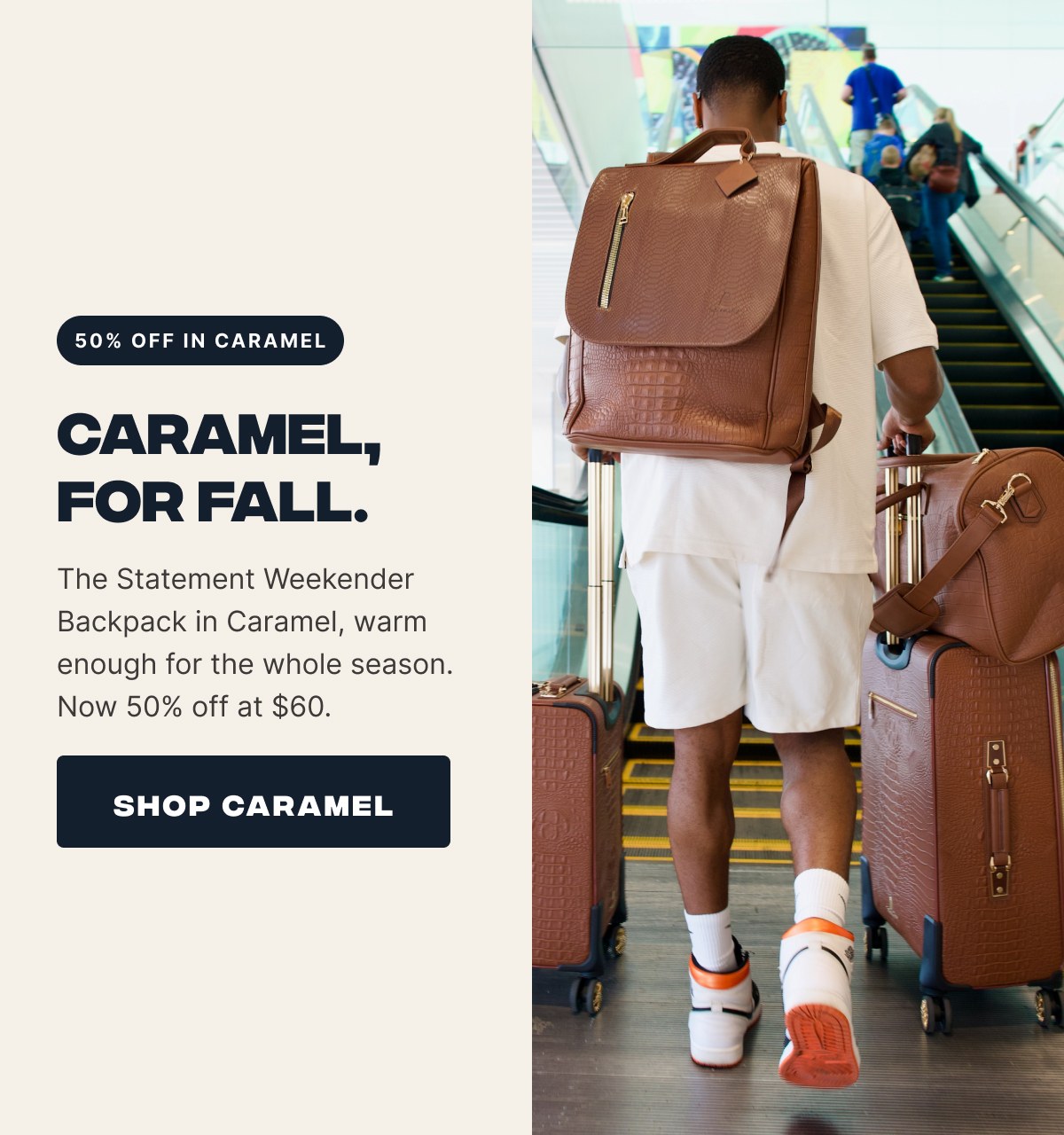 The color October was made for. Statement Weekender Backpack in Caramel, now 50% off. Shop Caramel.