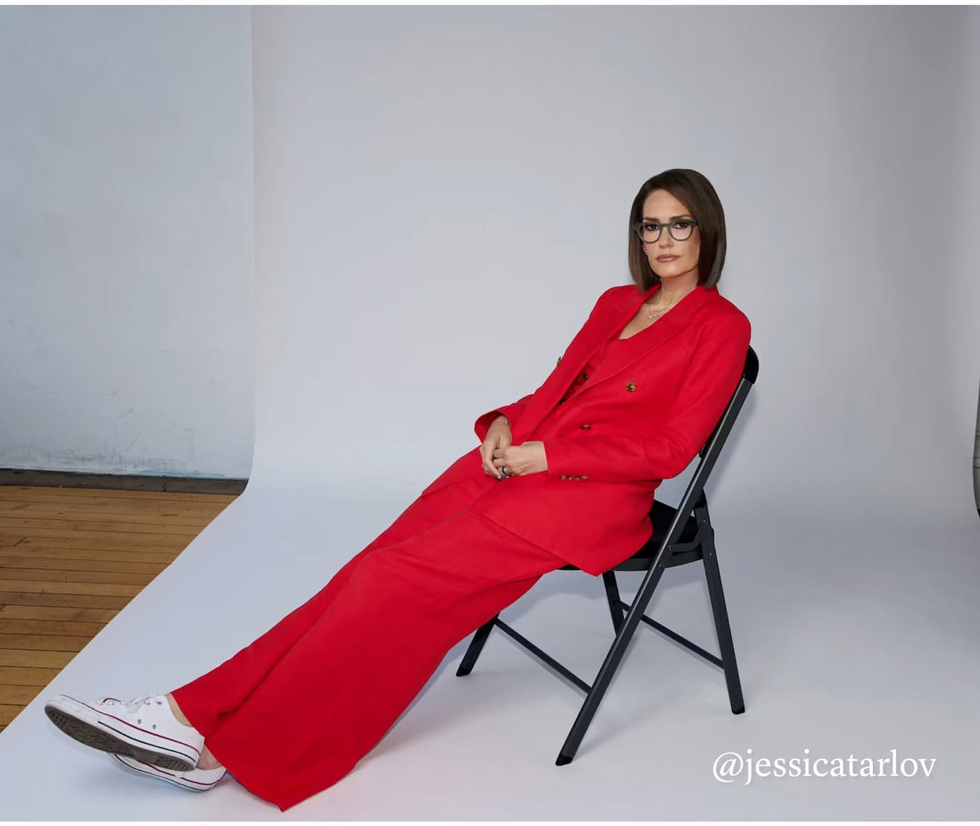 FOX News’ Jessica Tarlov wearing the Double-Breasted Blazer and Single-Pleat Trouser in Viscose Linen, Coral. Shot for Bustle. 