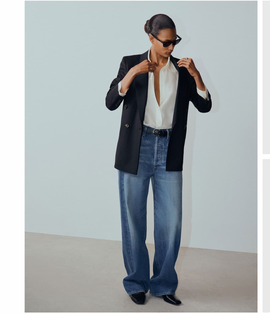 A sharp black blazer meets relaxed denim for an easy high-low pairing that feels equally suited to the everyday and beyond.