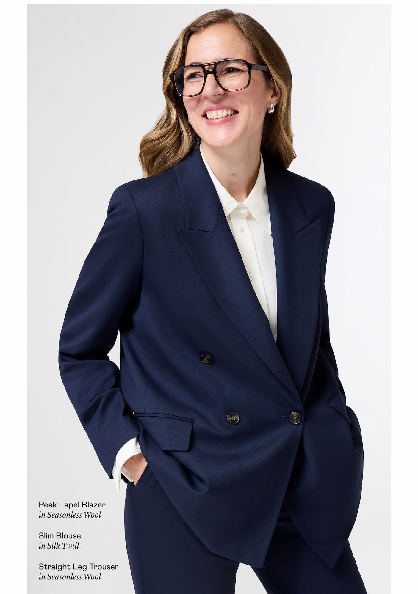“Everyone needs a great dark blazer, and this one has the tailoring details that make it feel elevated. Midnight is a little softer than black, but still has that same confidence.