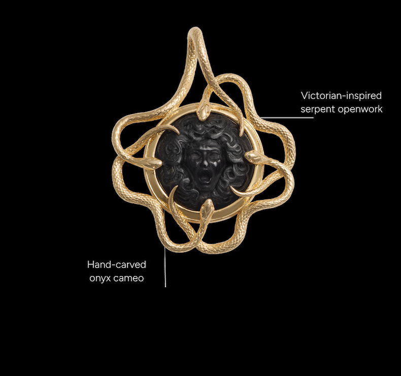 The Medusa cameo pendant: Victorian-inspired serpent openwork around a hand-carved onyx cameo