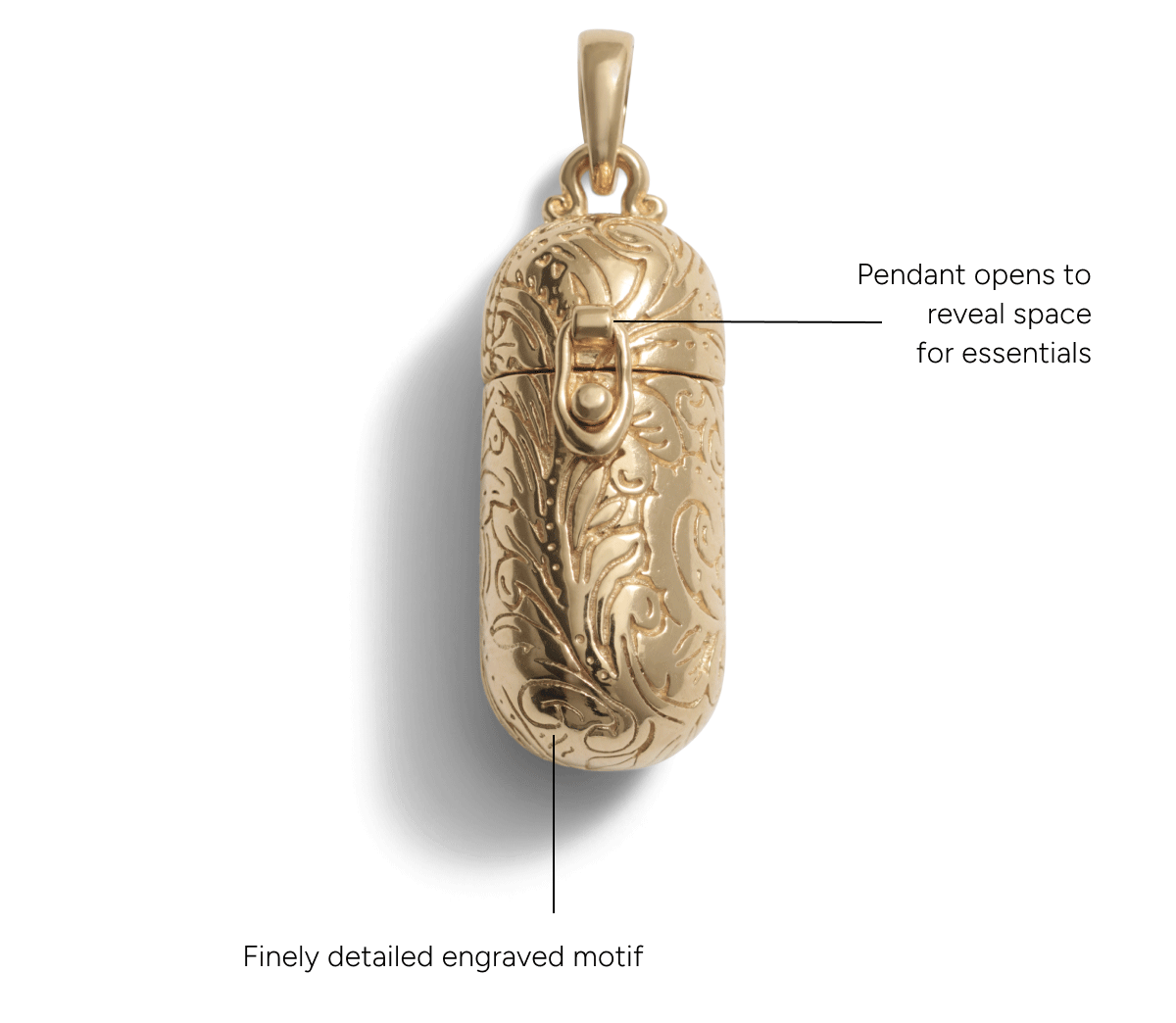 Engraved pillbox pendant opens to reveal space for essentials, with a finely detailed engraved motif