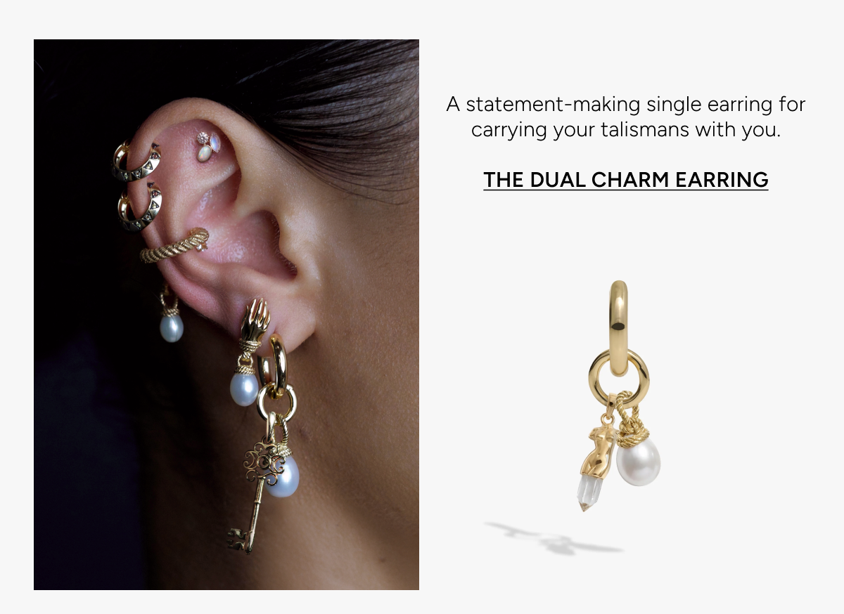 The Dual Charm Earring. A statement-making single earring for carrying your talismans with you.