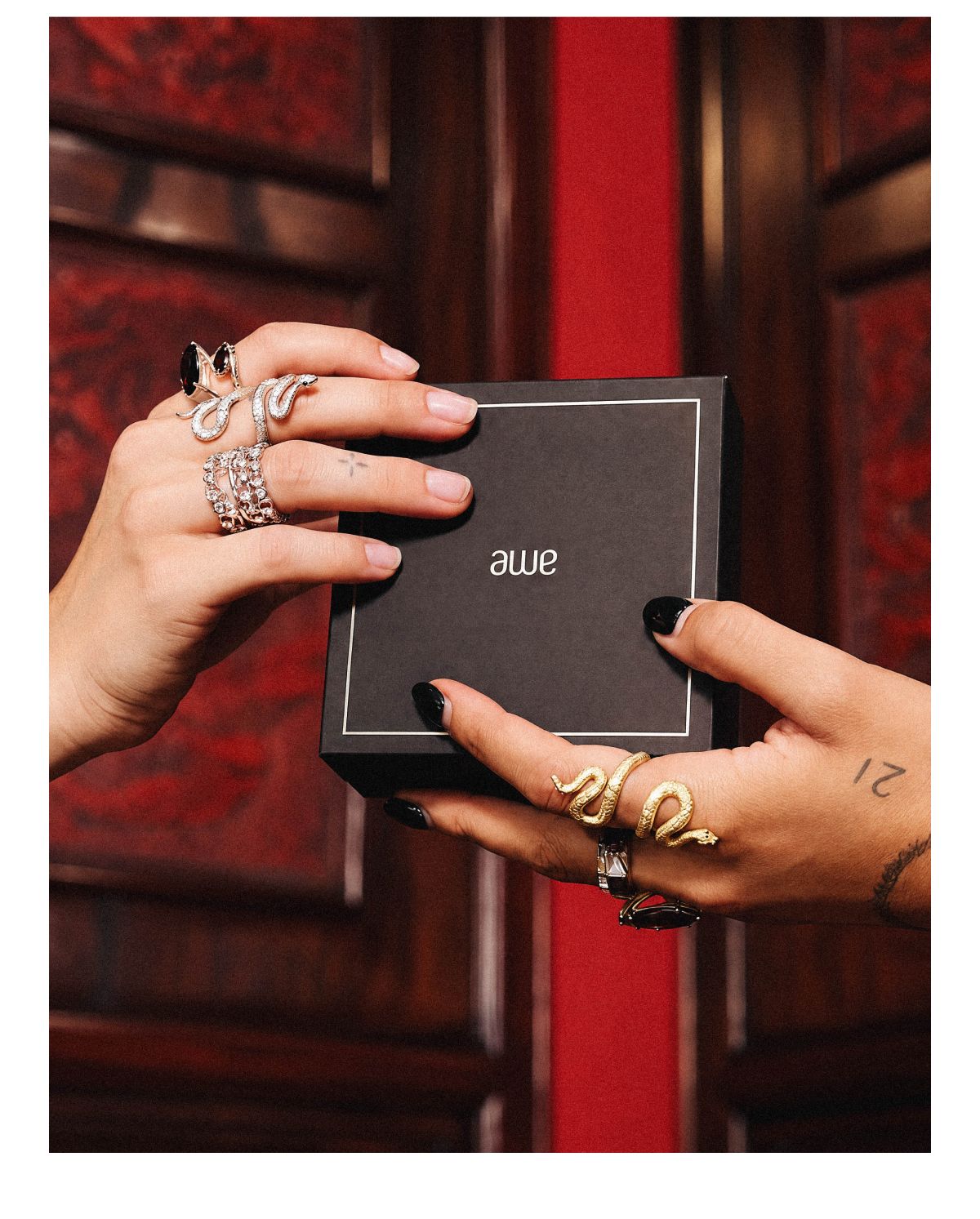 Hands wearing Awe snake rings holding an Awe gift box