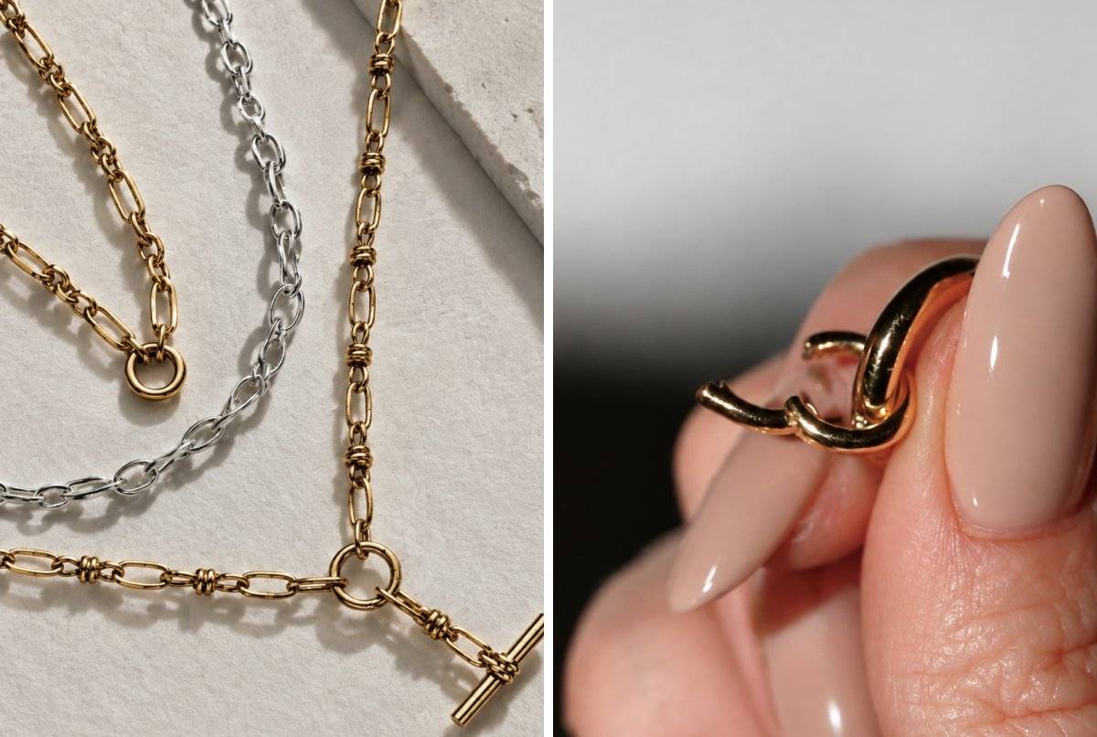Gold and silver charm base chains, and a hand holding a gold hinged charm link