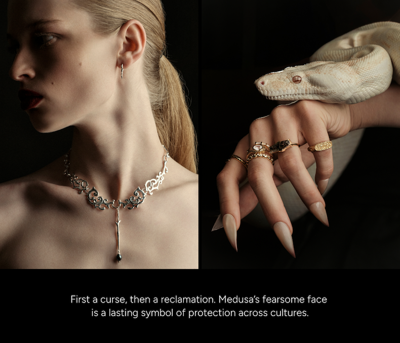 A silver Medusa necklace and rings on a hand holding a white snake. First a curse, then a reclamation. Medusa's fearsome face is a lasting symbol of protection across cultures.