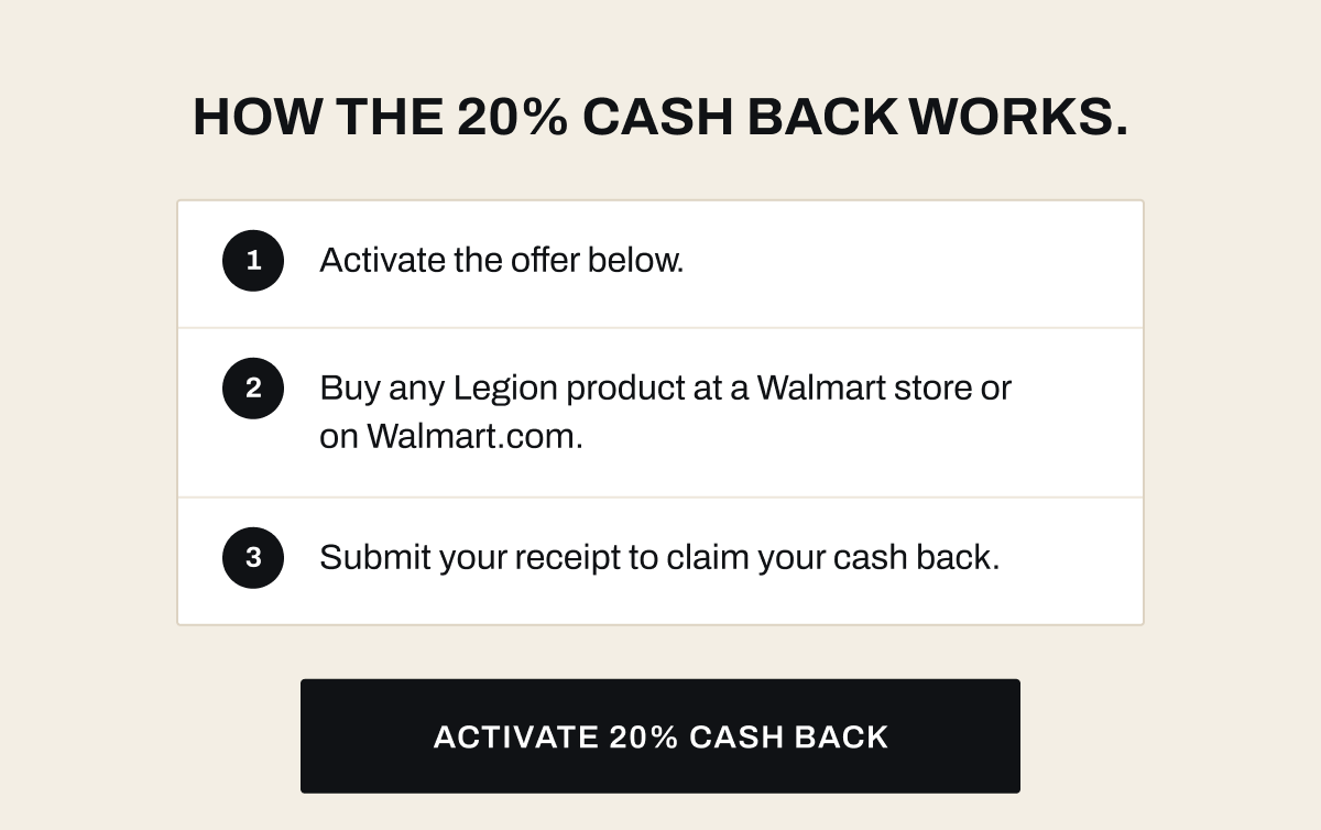 How the 20% cash back works. Activate the offer, buy any Legion product at Walmart or Walmart.com, and submit your receipt to claim cash back. Activate 20% cash back.