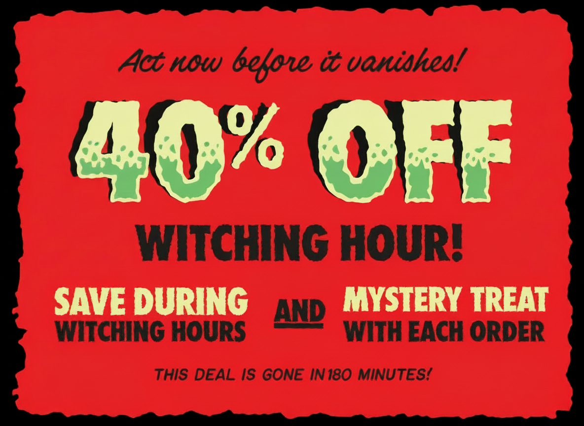 Limited-time offer: 40% off during witching hours, plus a mystery treat with each order.