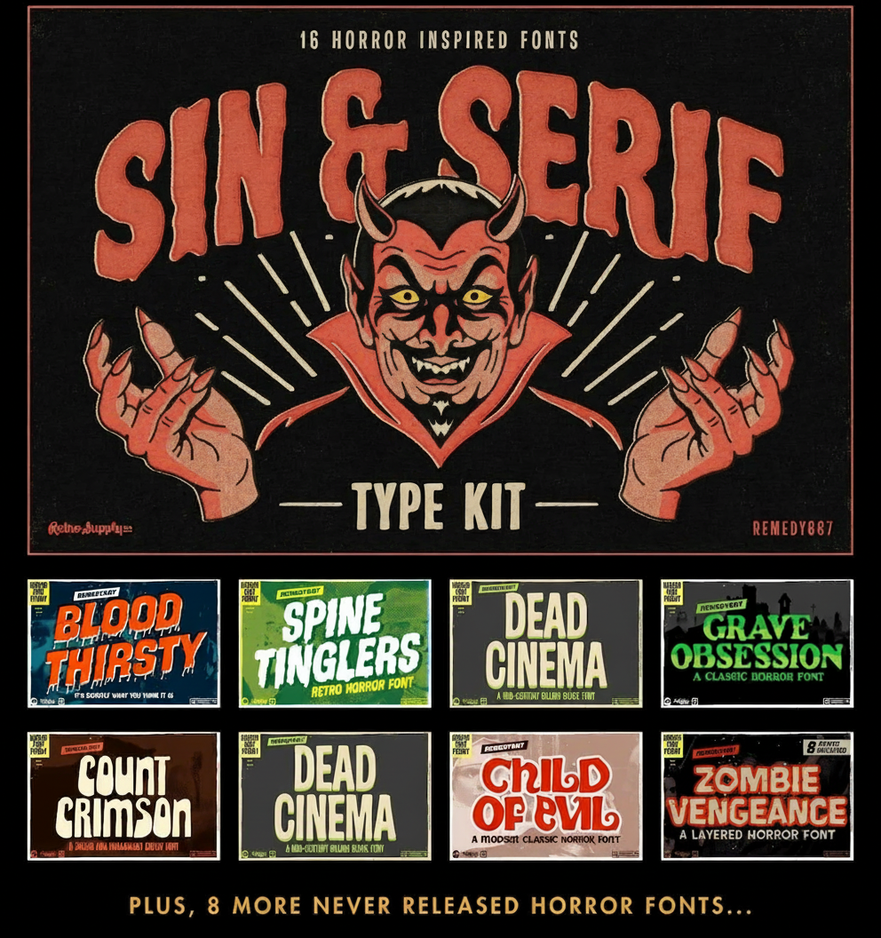 Horror font collection titled "Sin & Serif" featuring a devil illustration and examples of 8 fonts.