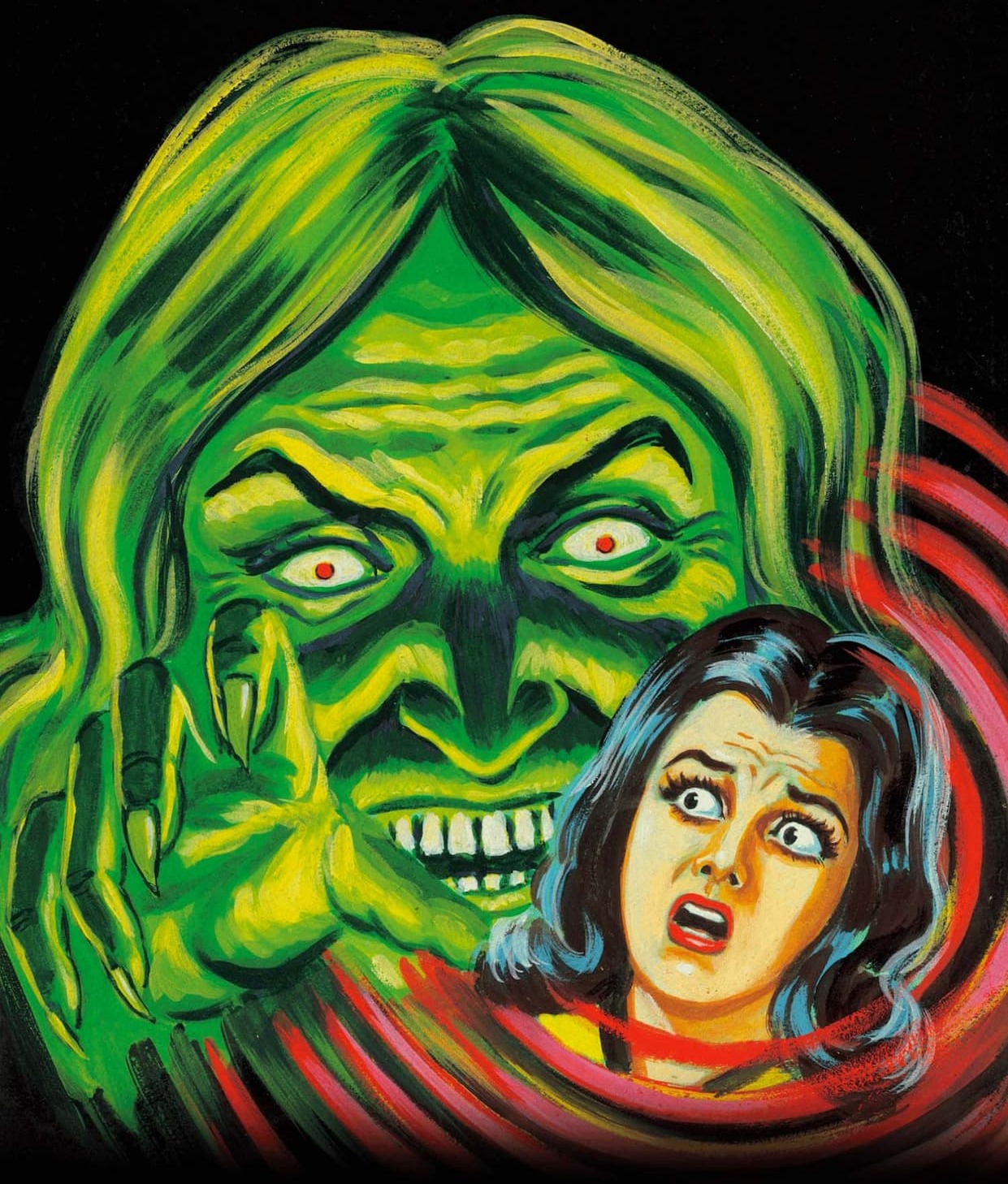 Green witch with hand outstretched at young brunette woman