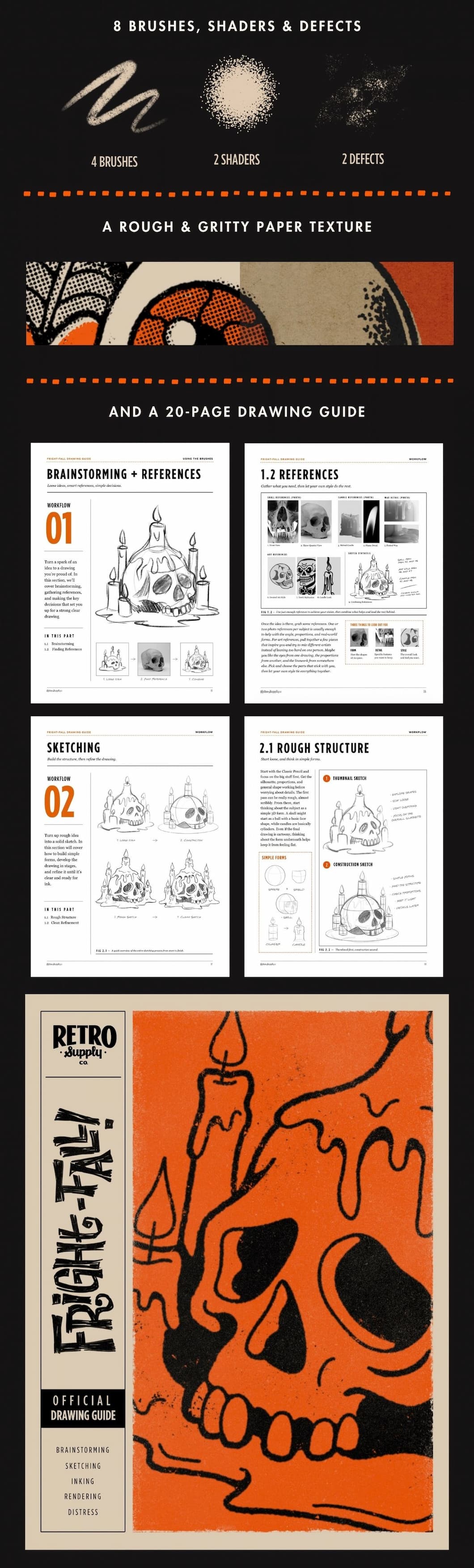 Preview of what you get in the new Fright-Fall Drawing Guide including brushes, paper texture, and 20-page drawing guide.