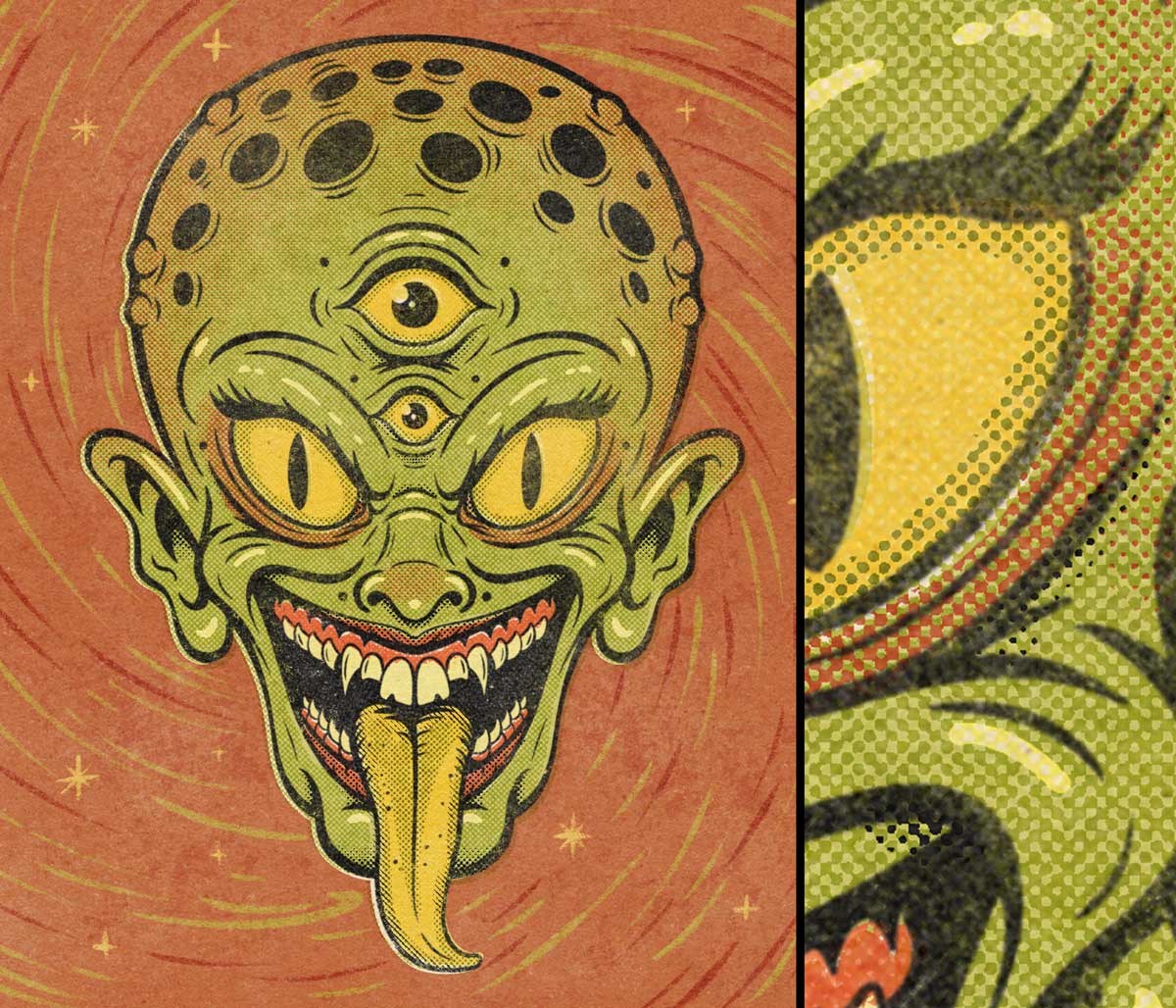 Vintage sci-fi alien illustration with Duplitone halftones and Phantom Paper