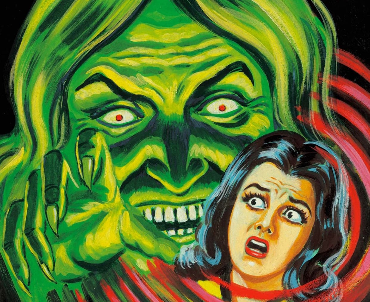 Green witch with hand outstretched at young brunette woman Green witch with hand outstretched at young brunette woman
