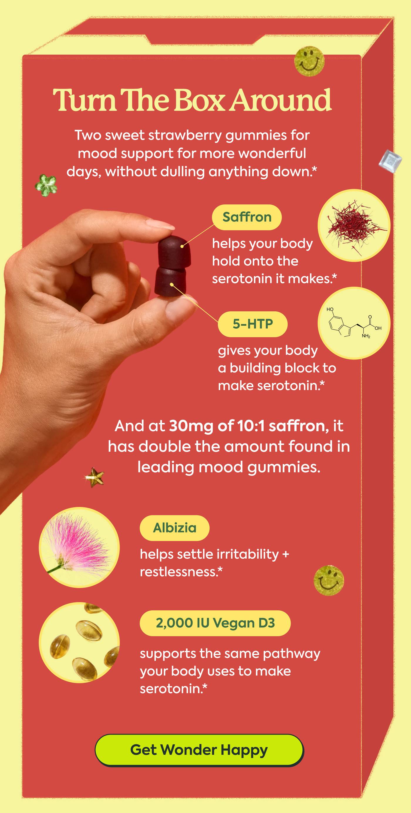 TURN THE BOX AROUND Most mood gummies support one side of serotonin. Wonder Happy supports two mood enhancing pathways.* 5-HTP Gives your body a building block to make serotonin. Saffron Helps your body hold onto what it makes.* And at 30mg of 10:1 saffron, it has double the amount found in leading mood gummies. Albizia Helps settle irritability + restlessness.* 2,000 IU vegan D3 Supports the same pathway your body uses to make serotonin.* | Get Wonder Happy