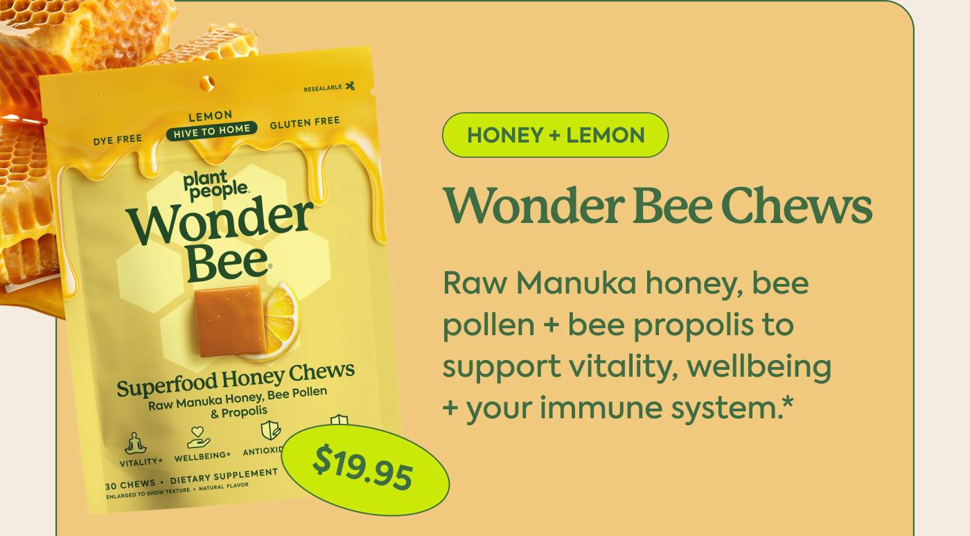 WONDER BEE CHEWS Raw Manuka honey, bee pollen + bee propolis to support vitality, wellbeing + your immune system.* Honey + lemon. $19.95