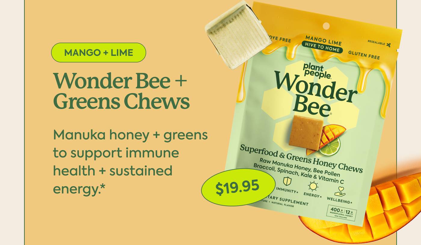 WONDER BEE + GREENS CHEWS Manuka honey + greens to support immune health + sustained energy.* Mango + lime. $19.95