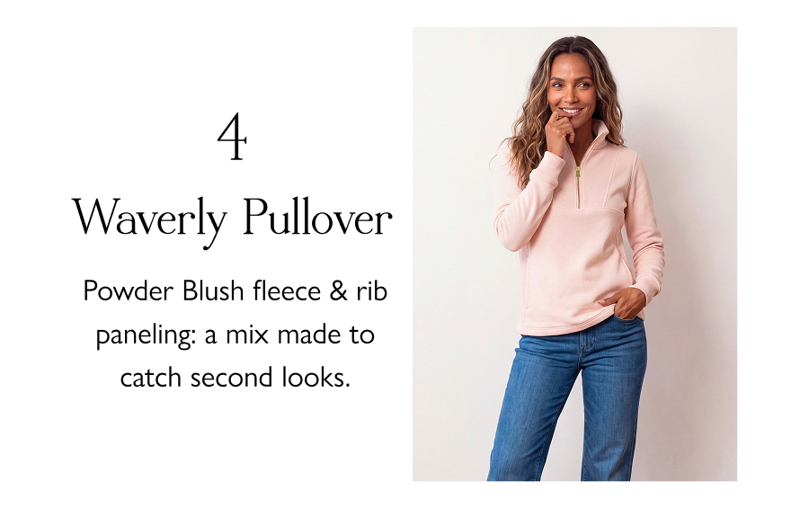 4. Waverly Pullover Powder Blush fleece & rib paneling: a mix made to catch second looks. 