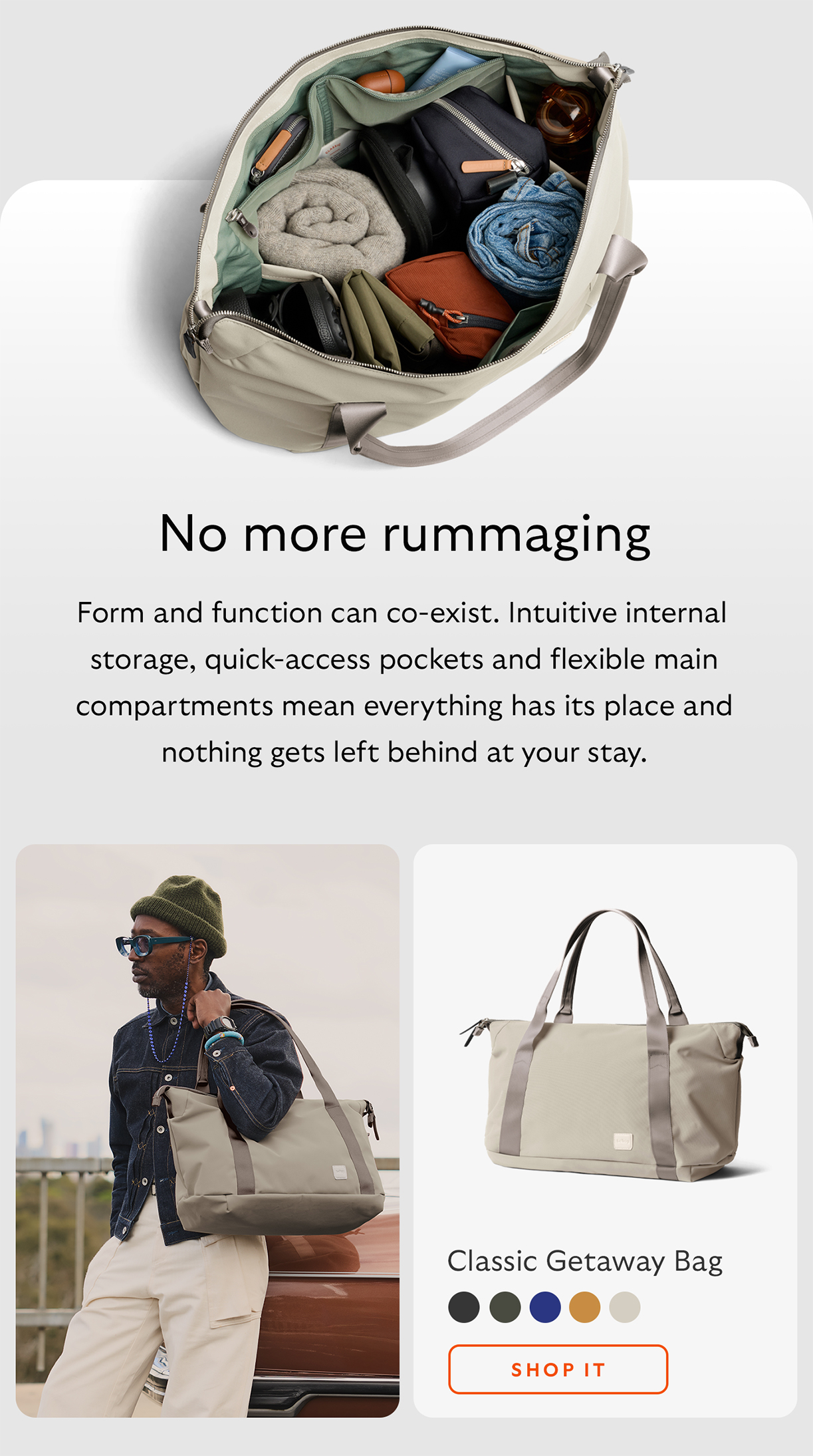 [Headline] No more rummaging [Starburst] Form and function can co-exist. Intuitive internal storage, quick-access pockets and flexible main compartments mean everything has its place and nothing gets left behind at your stay. [Product name] Classic Getaway Bag CTA Shop Classic Getaway Bag