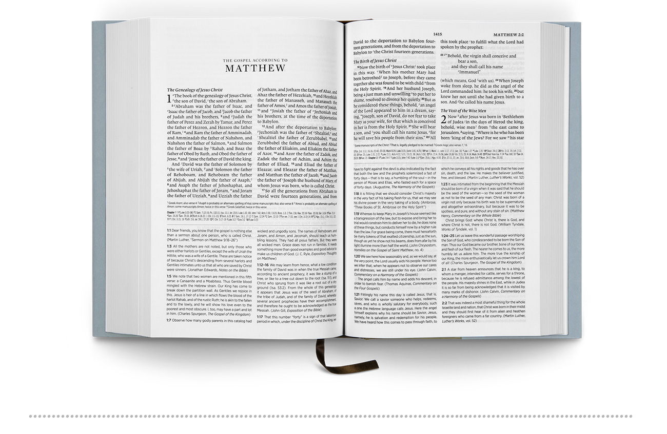 Inside the ESV Church History Study Bible: the opening of the Gospel according to Matthew, with study notes from figures in church history beneath the text