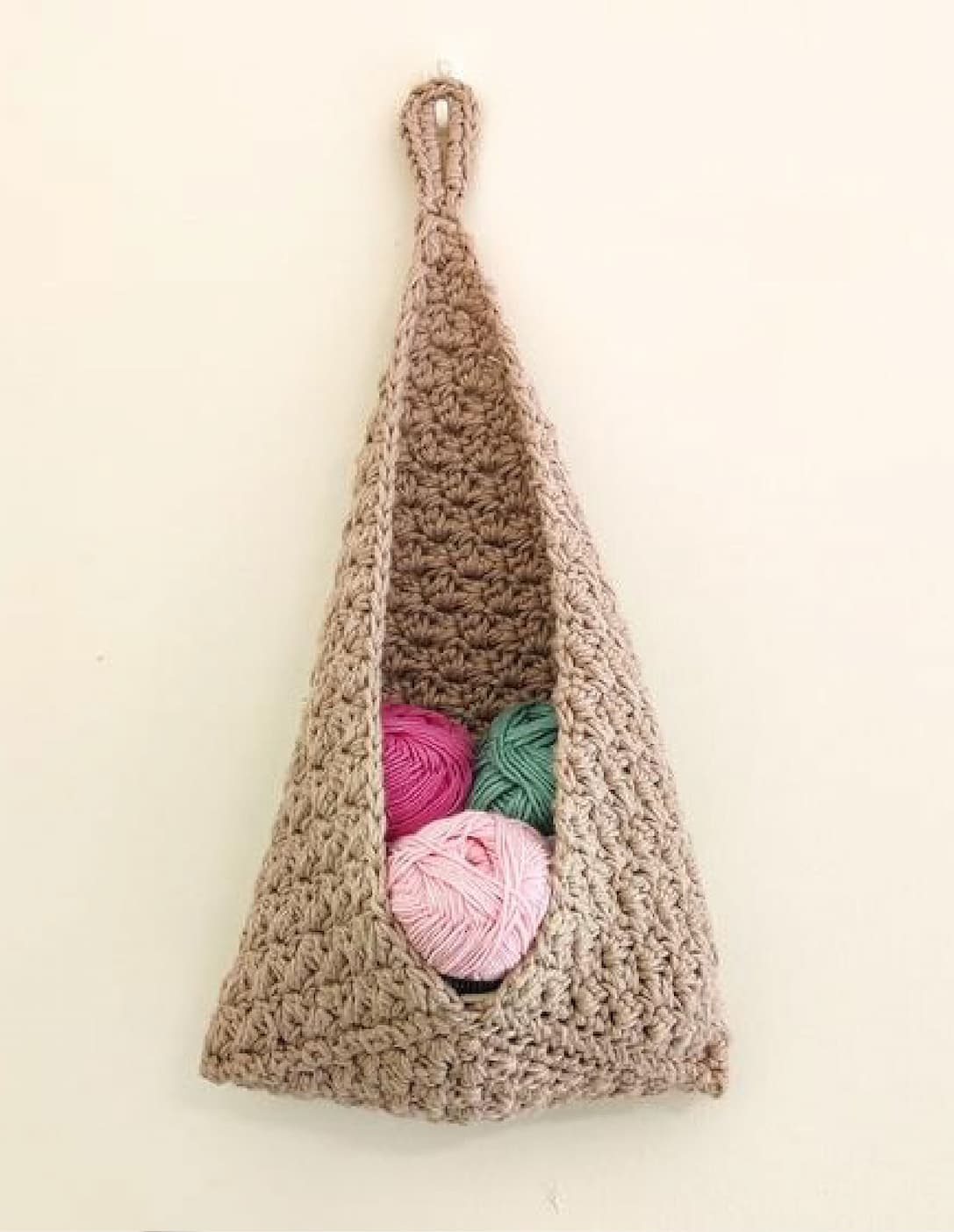 A hanging crocheted basket
