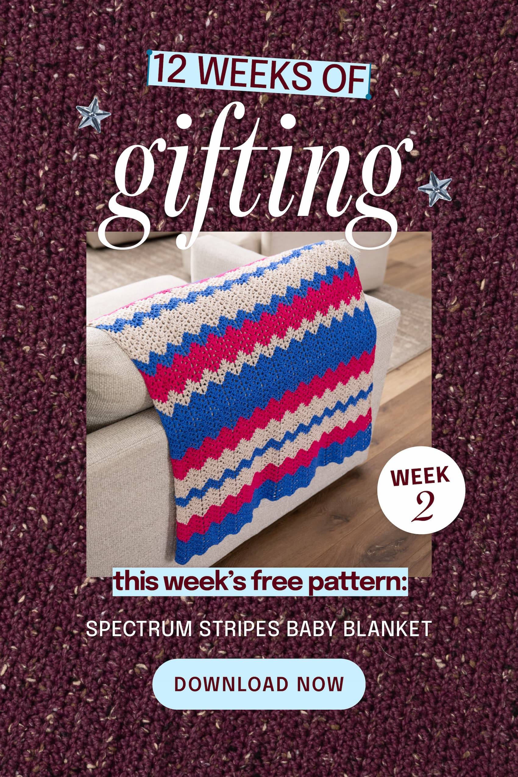 Image: A wavy blanket in blue, magenta, and beige. Text: 12 weeks of gifting. this week's free patter: spectrum stripes baby blanket. week 2. download now >>