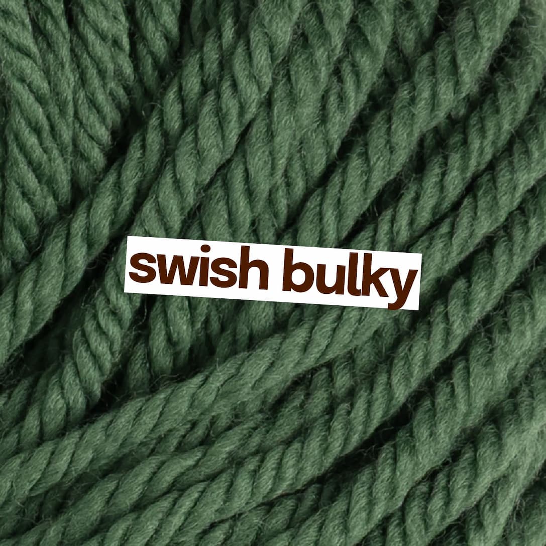 Image: Twisted dark green yarn. Text: swish bulky >>