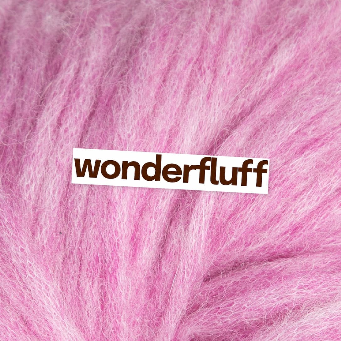 Image: Fluffy pink yarn. Text: wonderfluff >>
