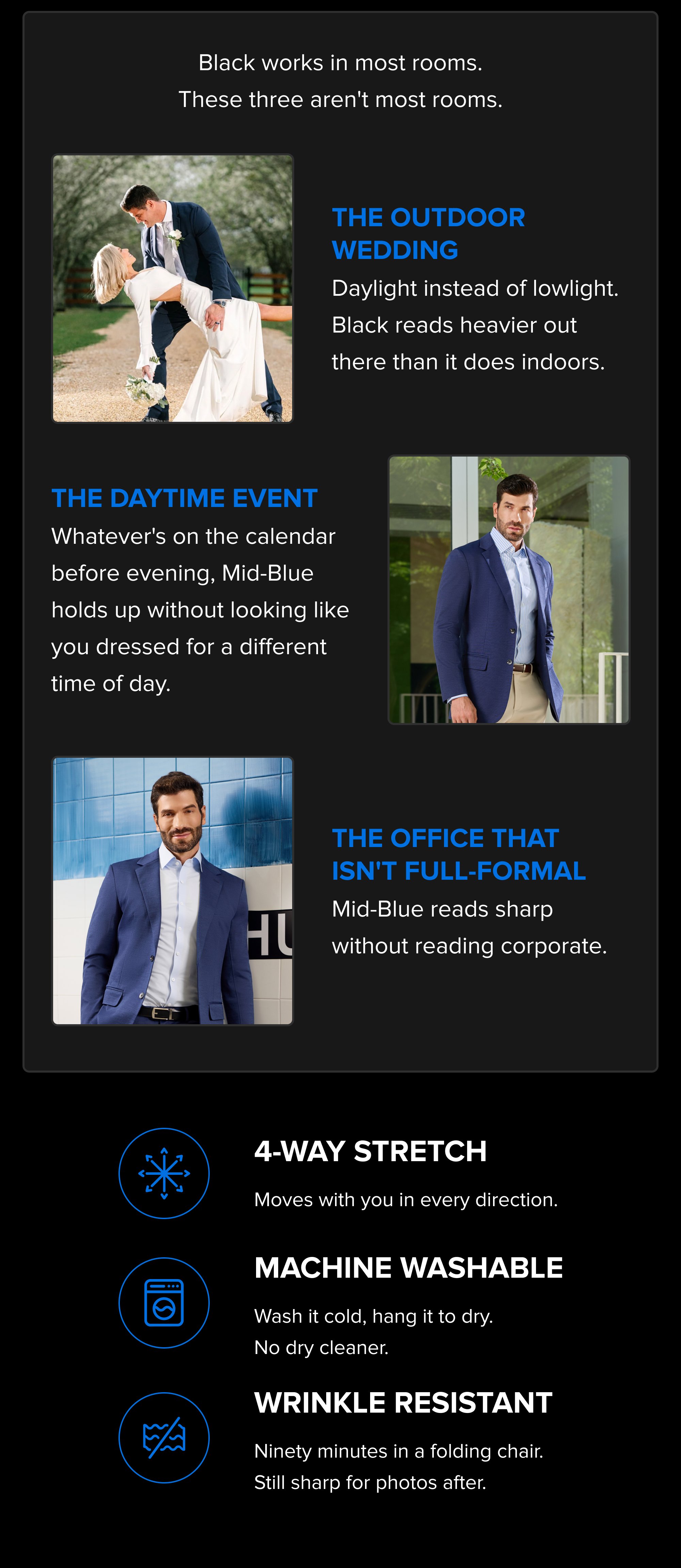 Black works in most rooms. These three aren't most rooms. The outdoor wedding Daylight instead of lowlight. Black reads heavier out there than it does indoors. The daytime event Whatever's on the calendar before evening, Mid-Blue holds up without looking like you dressed for a different time of day. The office that isn't full-formal Mid-Blue reads sharp without reading corporate. 4-WAY STRETCH Moves with you in every direction. Machine washable Wash it cold, hang it to dry. No dry cleaner. WRINKLE RESISTANT Ninety minutes in a folding chair. Still sharp for photos after.