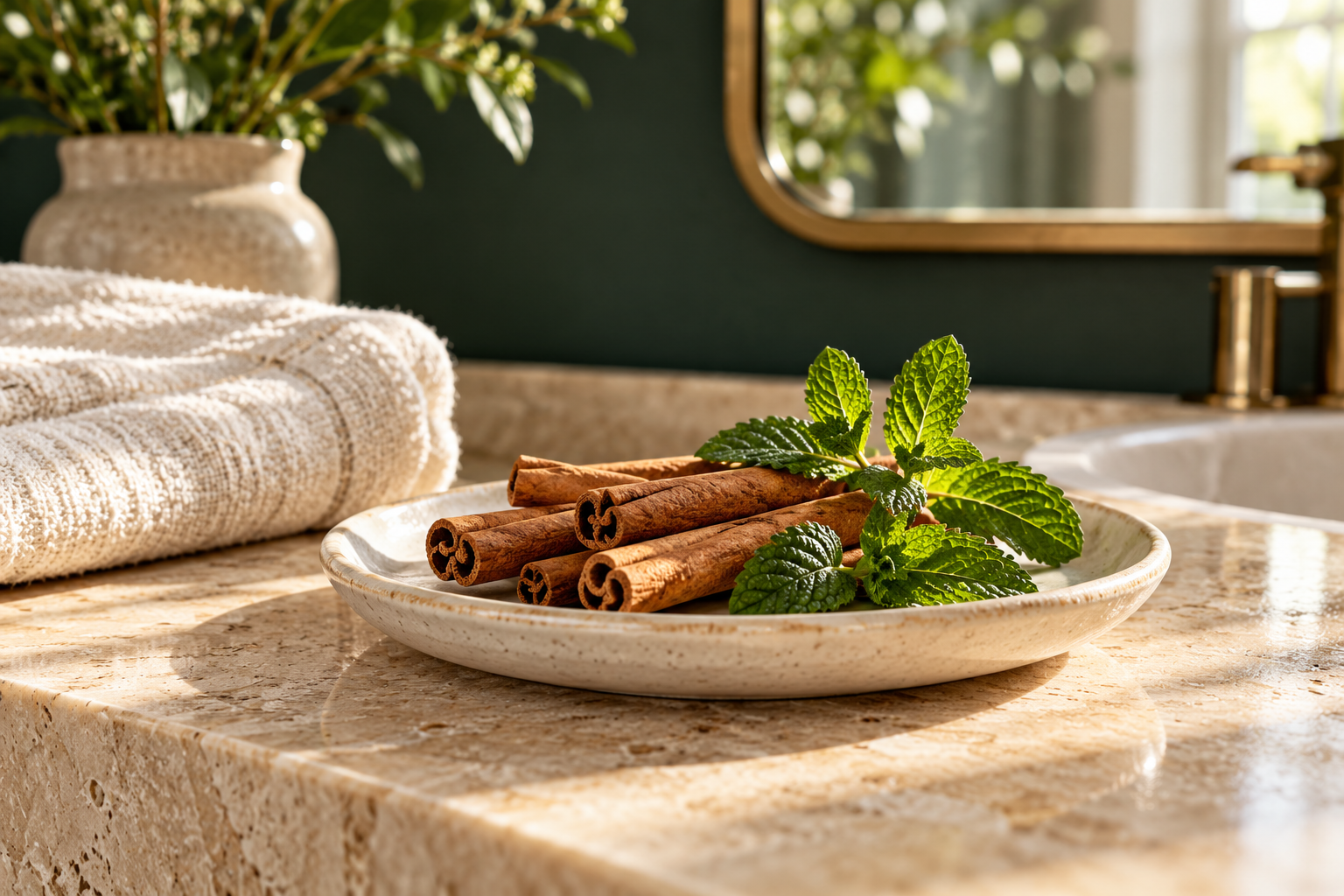 Cinnamon sticks and fresh mint on a sunlit bathroom vanity