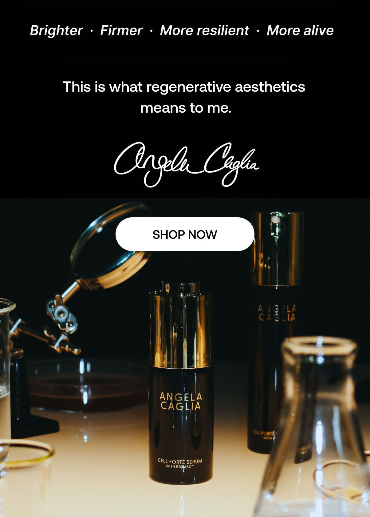 Angela Caglia Cell Forté skincare products in a luxurious laboratory setting, with a regenerative skincare message, signature, and Shop Now button.