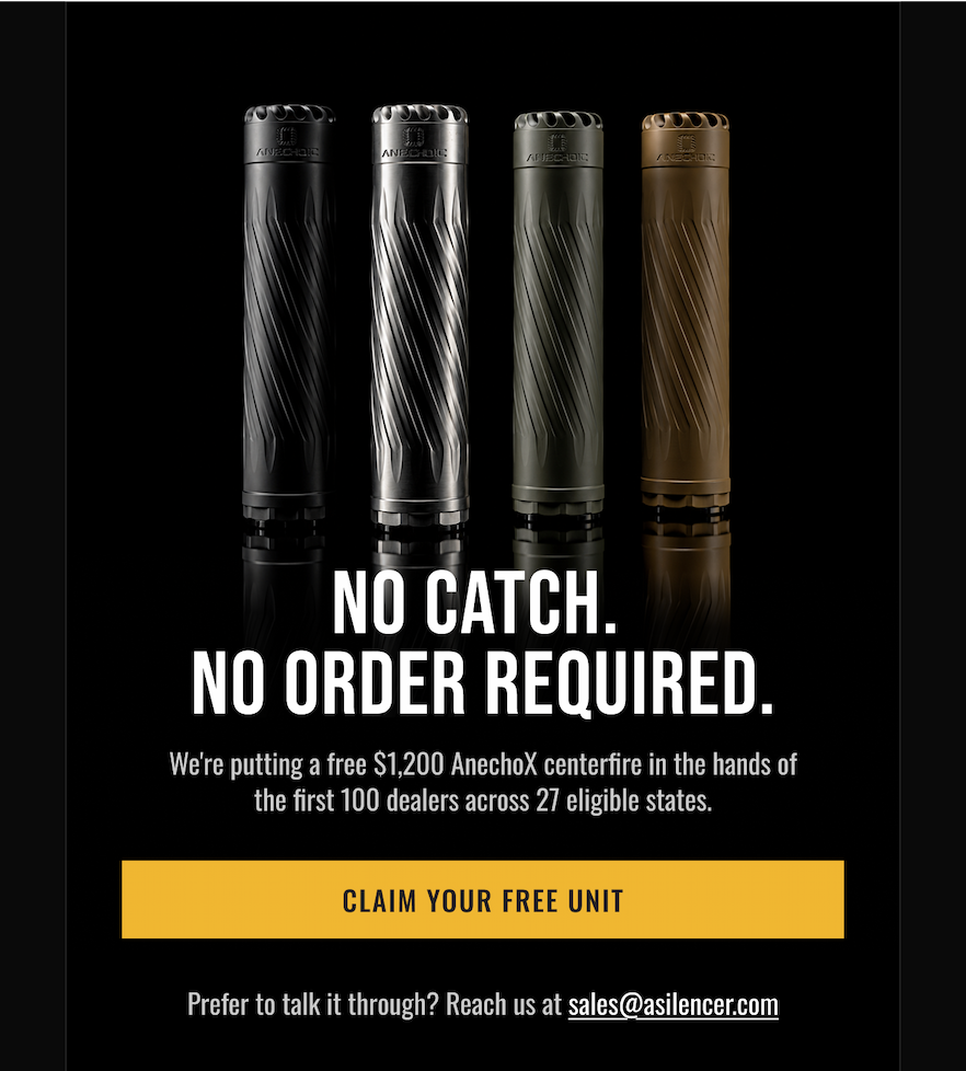 Four AnechoX centerfire suppressors lined up above promotional text reading 