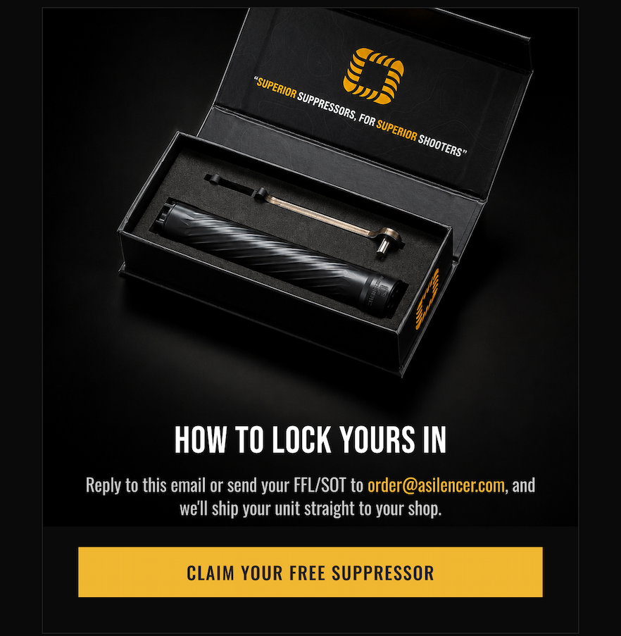 Product packaging display of an AnechoX suppressor and wrench inside a branded box, with instructions on how dealers can claim their free unit.