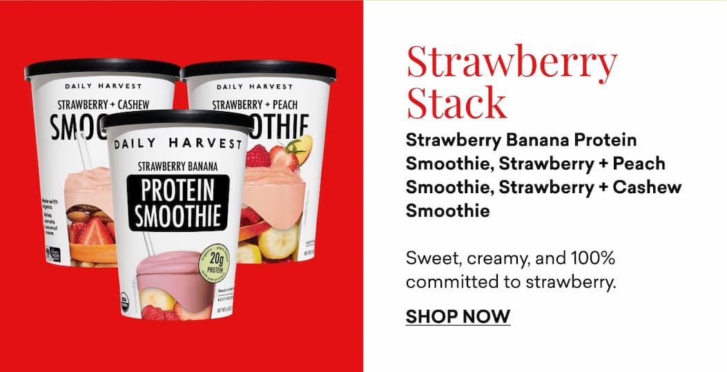 Strawberry Stack: Strawberry Banana Protein Smoothie, Strawberry + Peach Smoothie, Strawberry + Cashew Smoothie  Sweet, creamy, and 100% committed to strawberry.