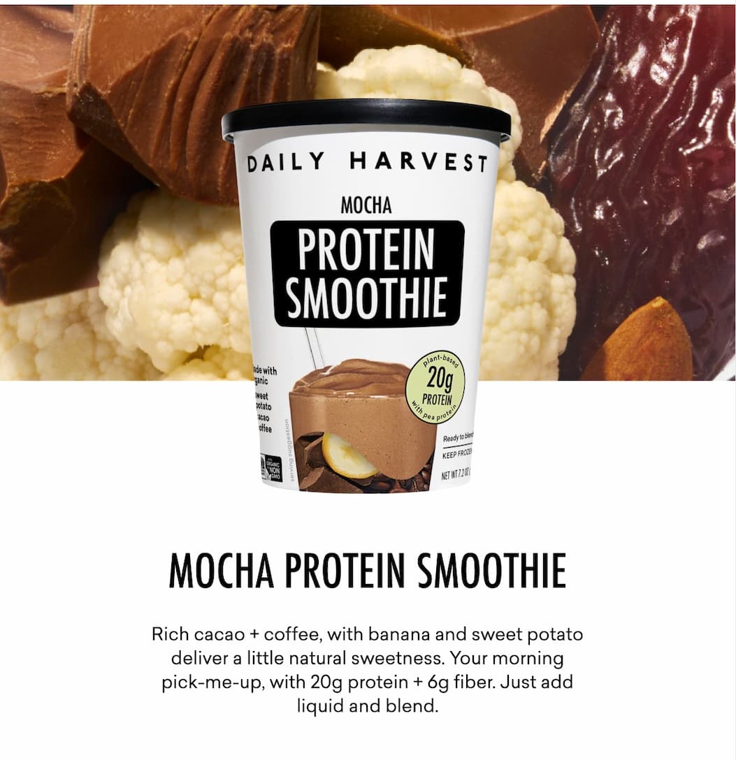 Mocha Protein Smoothie: Rich cacao + coffee, with banana and sweet potato deliver a little natural sweetness. Your morning pick-me-up, with 20g protein + 6g fiber. Just add liquid and blend.