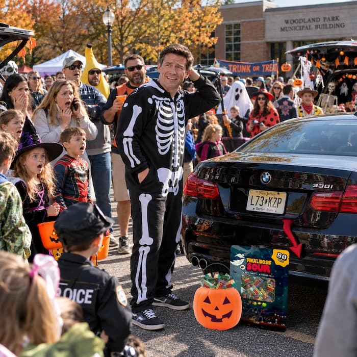 Dad in a skeleton onesie panicking beside his locked BMW trunk at a school Trunk or Treat as parents look on
