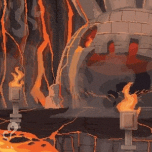 Animated scene of the Temple of Flames, Magmara's Souranges Level 4 territory, firelight flickering over an empty throne