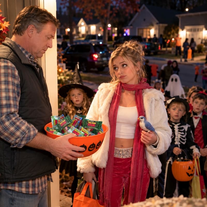 A suburban dad holding a bowl of Final Boss Sour fun-size bags at his front door on Halloween night, frozen mid-cringe as a smirking teenage girl in costume stares him down